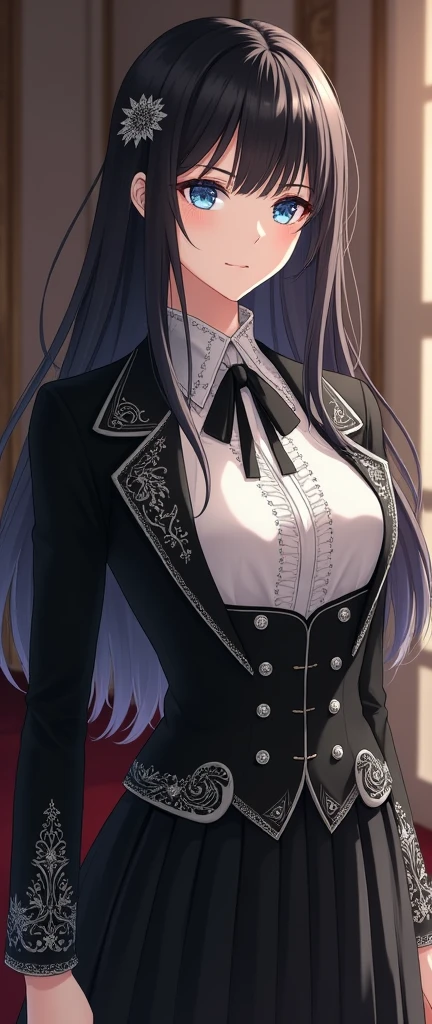ANIME GIRL NOBLE WOMAN WITH BLUE EYES, BLACK HAIR, DREESING A ANIME GIRL NOBLE WOMAN WITH BLUE EYES, BLACK HAIR, DREESING For girls .Blouse:
Style: Blouse with a high collar and long puff sleeves. The body of the blouse is fitted at the waist, with a slight flare at the bottom. The sleeves have a delicate gather at the shoulders and cuffs fitted with silver buttons.
Fabric: High-quality satin or silk.
Main Color: Black.
Details: Silver embroidery decorates the collar and cuffs, creating an elegant contrast. On the front, the blouse has a decorative silver button fastening.
Ribbon: Silver satin ribbon, tied in a bow at the base of the high collar.
Blazer:
Style: Short, fitted blazer, with a high waistline and a slight train at the back. The lapels are wide and rounded, accentuating the feminine and distinguished cut.
Fabric: Black velvet or lightweight wool.
Main Color: Black.
Details: The lapels and sleeves are adorned with silver embroidery in elegant patterns. The Solaria emblem is embroidered in silver on the left chest, and the buttons are silver with decorative embossing. The blazer has a satin silver lining, which adds a luxurious contrast when open.
Accessories and Complements:
Skirt:
Style: Pleated skirt that falls just above the knee.
Main Color: Black.
Details: Silver stripe at the hem or subtle silver embroidery.
Tights:
Style: Black tights, covering the entire leg up to the waist, with no additional details.
Shoes:
Style: Leather Mary Jane shoes.
Main Color: Black.
Details: Silver, such as a buckle or a small emblem. full body