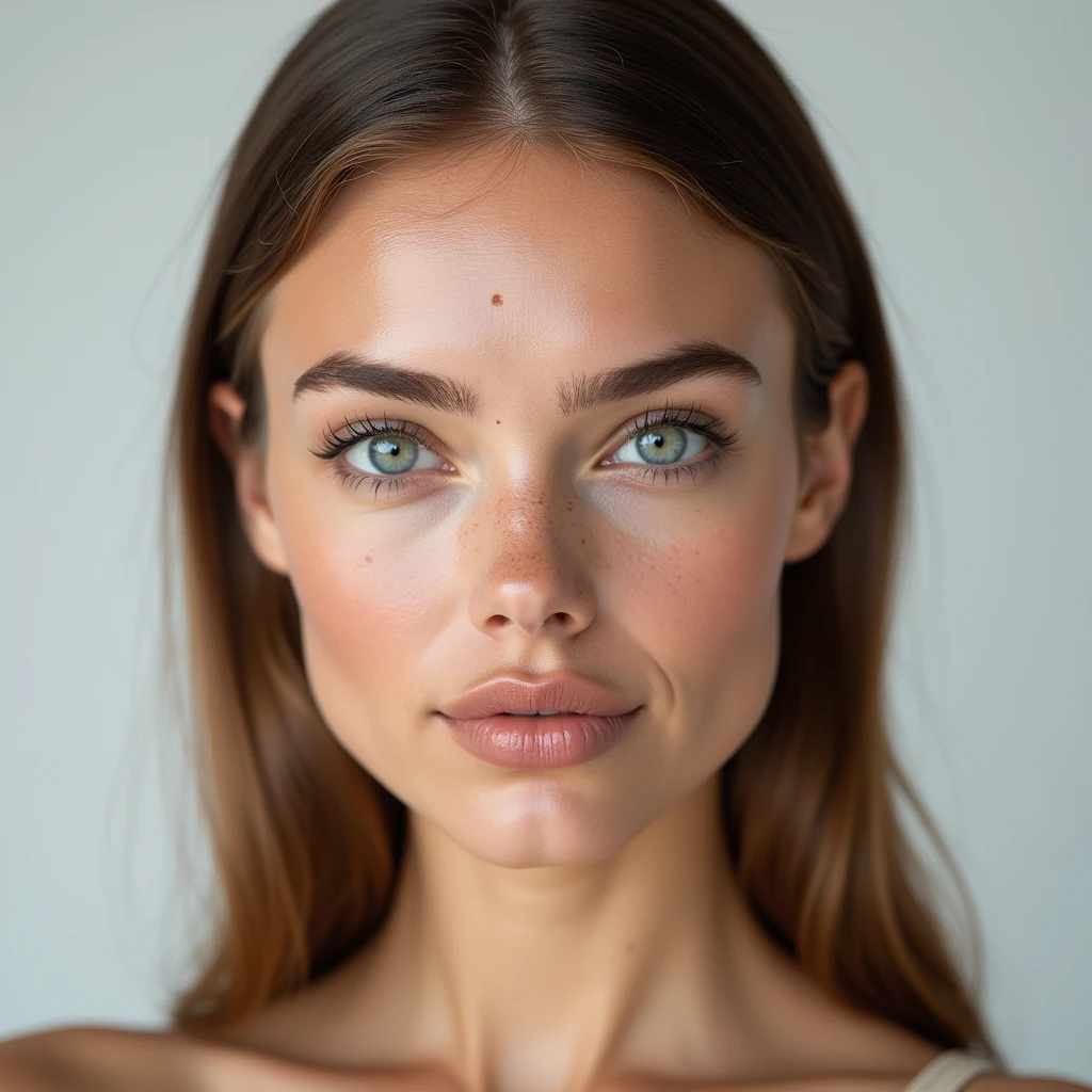 Create an uncluttered portrait of a supermodel with remarkably symmetrical features, flawless skin and intense blue eyes. Her face is round, with high cheekbones, freckles, a well-defined jawline and full lips with a natural, matte finish. Her straight, smooth chestnut hair is styled back, revealing her elegant neck. Her expression is pleasantly confident, with a hint of allure, against a minimalist backdrop that underscores her high-fashion appeal. 8K hight definitly