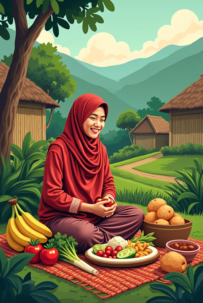 Poster with the theme of local food (Siantar/North Sumatra) with some words From our land, for Our Food"
(With a 1 people eat food or fruit, like banana, potato anything, have some vegetable ) with view like a village