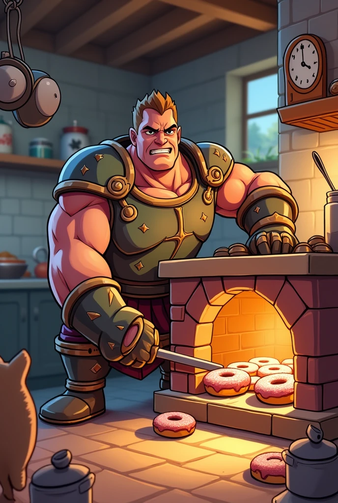 a cartoon warrior cooking several donuts in the oven