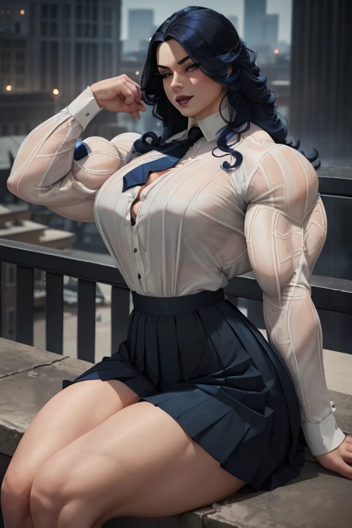((Close-up)), tall, (royal blue hair) beautiful muscular woman, long curly wavy hair, pale white skinned, closed smile, (black lipstick), (massive muscles), (hyper muscle), (ginormous bulky muscles), white eyes, (((long sleeve royal blue pleated shirt))), ((long black pleated skirt)), necktie, boots, (sitting on a ledge), on a raining rooftop, 