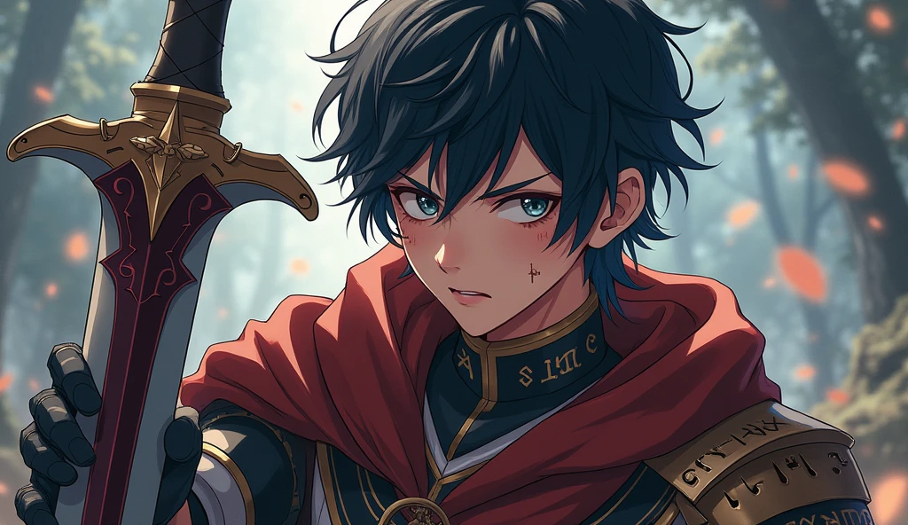 Text for Character Creation:
I want to create an anime style character, inspired by characteristics of an epic hero. He must have an impressive and charismatic look., with disheveled hair and a deep gaze that reflects as much wisdom as the pain of the battles that have taken place. The character must have striking features, like visible scars that show his past of intense struggles, but also expresses a sense of nobility and fellowship. The character's clothing style should be a mix of medieval armor with elements of magic., like extended runes engraved on his attire and a magical sword he carries. The predominant colors may be dark, how p The surrounding scenery should be a fantasy environment, maybe a battlefield or a magical forest, with dramatic lighting that highlights the character. His pose should convey determination, with the sword ready for action, and an aura of power should emanate around you, symbolizing your for I want a protagonist but who is 1, with an appearance like a 1 person, I want him to have a little more anime appearance, totally anime appearance, not even if it was an anime style, I want the protagonist to be very young