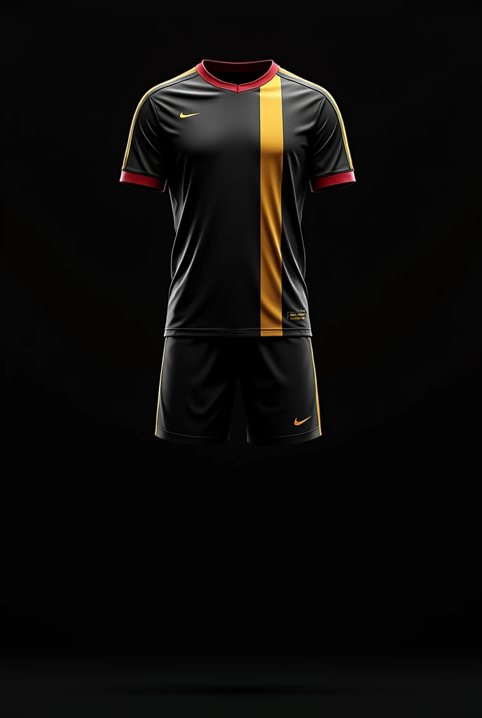 A football shirt front and back with shorts in black and gold with red details on the collars and 2 stripes from the collar down in gold on the shirt on a black background without a player