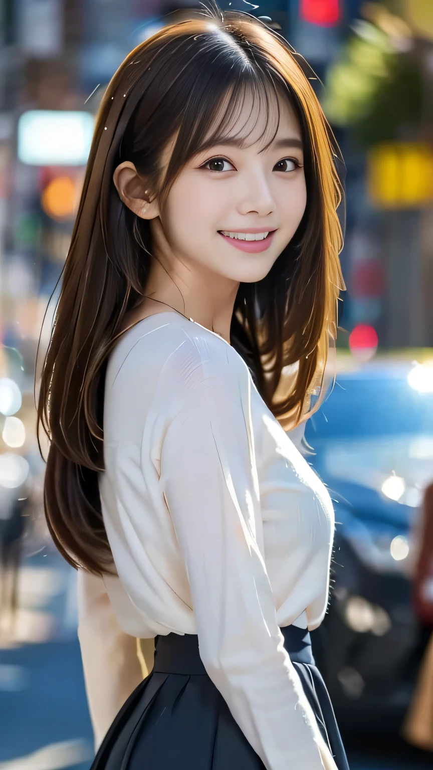 uhd, masterpiece, super detail, 16K, best quality, One Japanese person、housewife、30 years old、Walking towards here、Return from shopping、Big smile、Long hair tied back、Light brown hair、A black long-sleeved T-shirt with a loose neckline、A loose long skirt、Watching the audience、Cowboy Shot、