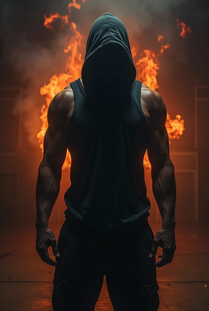Create image of man in gym in dark and fire in background with death looking on