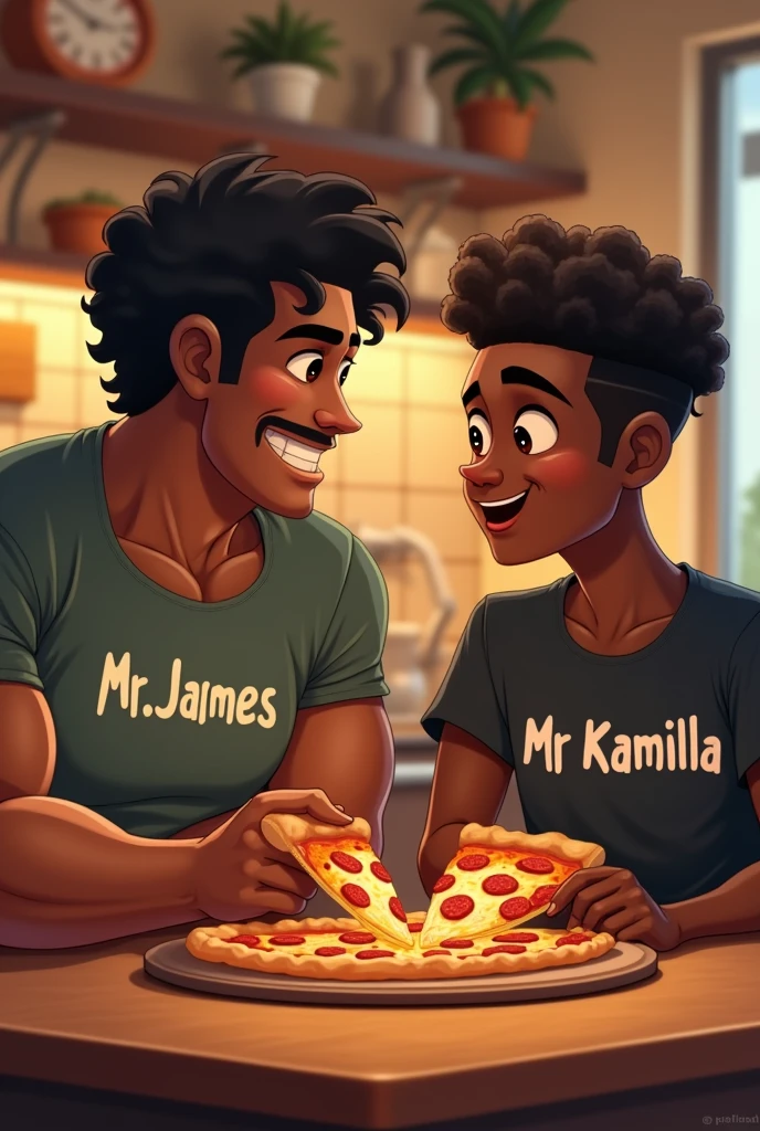 Make a picture of two friends eating pizza together. The first friend is muscular and has black wavy hair., and is wearing a shirt that says MR JAMES. the second friend is black, thin and short curly hair, and is wearing a shirt that says MR KAMILLA 
