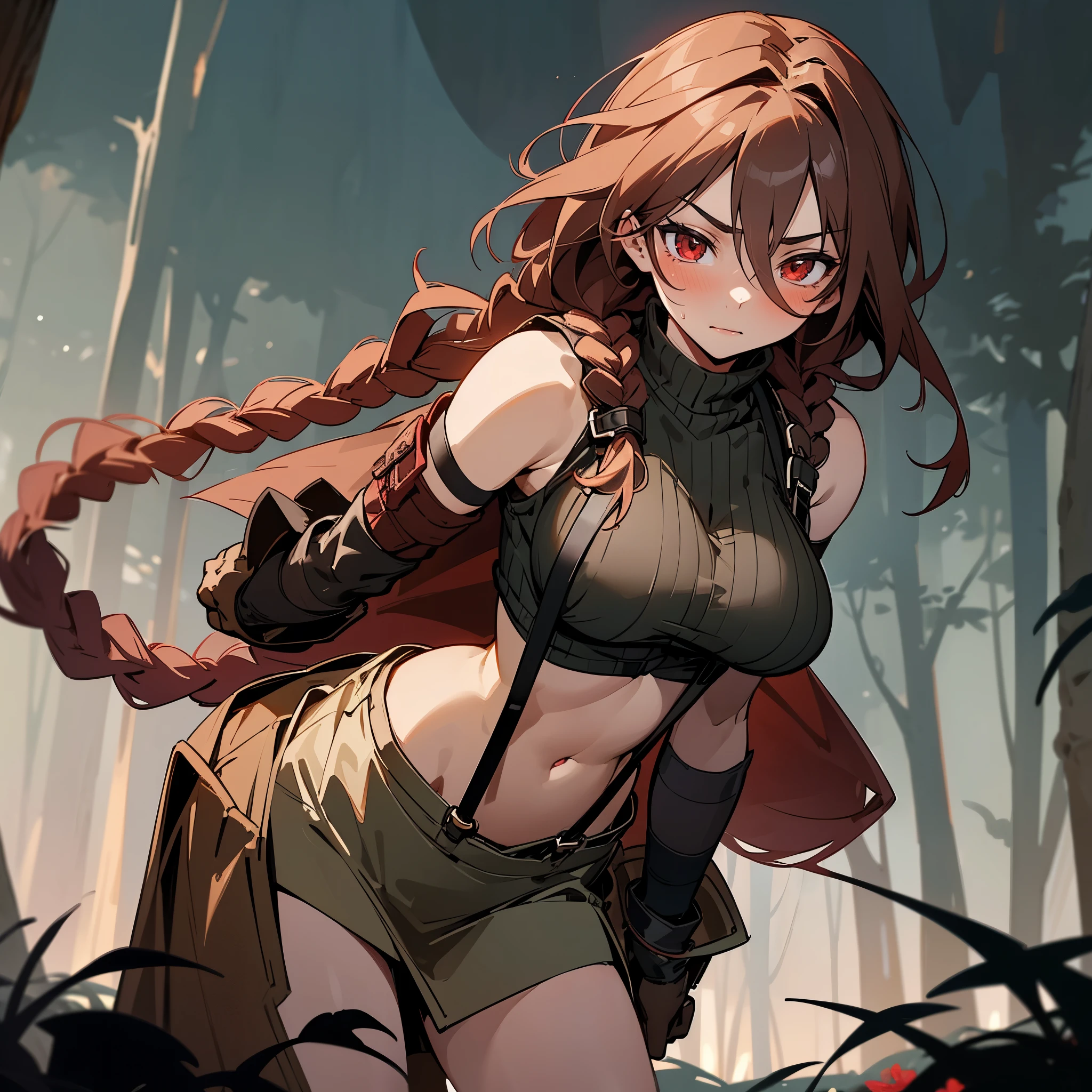 1female, sexy, big breast, young adult, finely detailed red eyes, wild long hair, braided hair, dark brown color hair, adventurer gear, suspenders, sleeveless crop top sweater, combat skirt, night time, dark forest, somber expression, flowers, blushing, standing on path, lanturns, black armband, mma gloves
