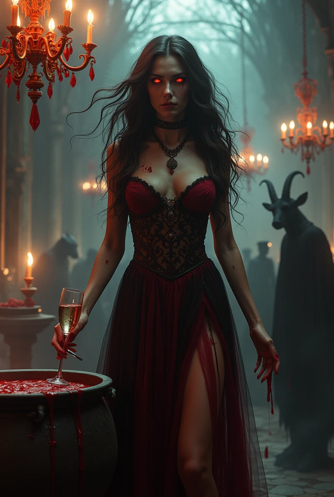 (photorealism:1.2), beautiful woman, goddess queen hell, Chandeliers. candles, long wavy fur, wind. Macabre humorous laughter, evil, blood on hands. Cigarettes, glass of champagne, cauldron, Red eyes. Black Pumas, Skins, black goat, dead men, spirits, cemetery, 