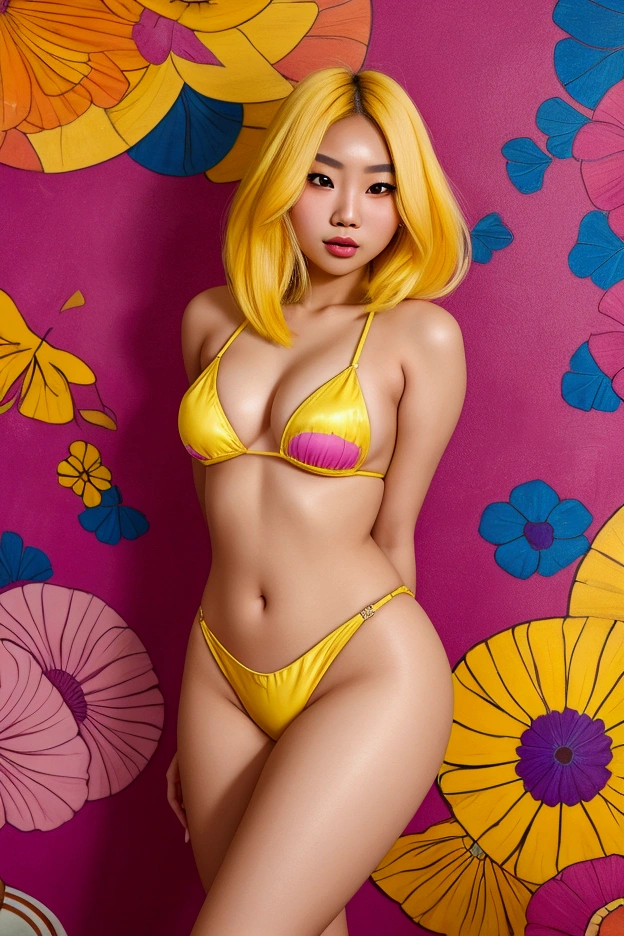 A stunning Asian girl with yellow hair strikes a seductive pose. She’s surrounded by a breathtakingly colorful backdrop, filled with vivid hues and beautiful, artistic details that create a mesmerizing and enchanting environment.