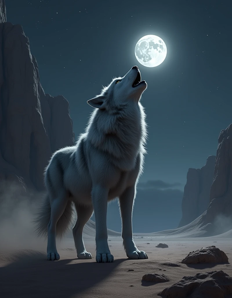 a big gray wolf howling in the middle of a desert at night