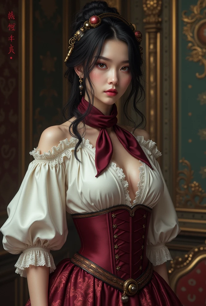 A high-resolution, photorealistic image of a young woman, 22 years old, She has a delicate ((natural-looking makeup, including dark_eyelashes, red_lipstick:1.25, perfect dark_eyeshadows:1.35, (super detailed makeup on eyes:1.2\),. BREAK, ((ultra quality, extremely detailed, top best resolution, sharp-focus, absurd-res detail in Real human brown_eyes:1.3)), (Increase skin texture beauty:1.3), (anatomically correct), Her hair is a professionally styled, shoulder-length blonde hairstyle, with individual strands visible and a natural, flowing appearance. The image is intricate detailed, with sharp focus and accurate skin texture\, {An ornate, Baroque-inspired gown} featuring a [structured bodice crafted from rich, crimson velvet] adorned with [intricate, gold embroidered patterns] and [shimmering jewel-encrusted trim]. The [voluminous skirt] cascades in [layers of luxurious silk brocade], each panel meticulously [hand-stitched with elaborate floral motifs]. Complete the regal ensemble with [a high, lace-trimmed collar], [long, tapered sleeves], and [an opulent, gold-accented headpiece]. Set against a [grand, dimly lit interior] with [soft, dramatic lighting] that highlights the opulent textures and details.