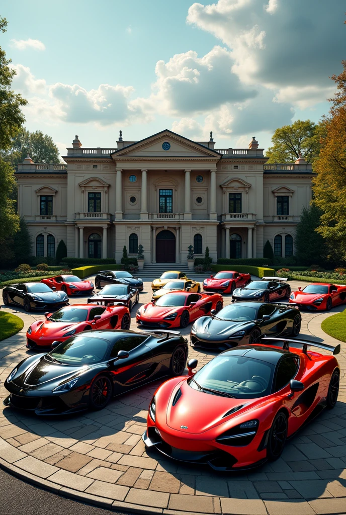 Lot of different super cars parked infront of a mansion
