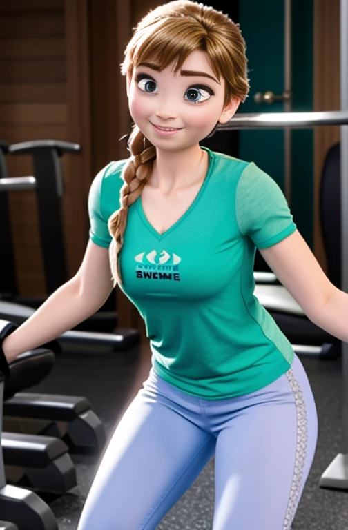 Photo of Anna of Arendelle wearing Blue gym outfit, v neck tshirt smile blushing, close-up, some slime spills on her breasts, ponytail hair in gym look, indor