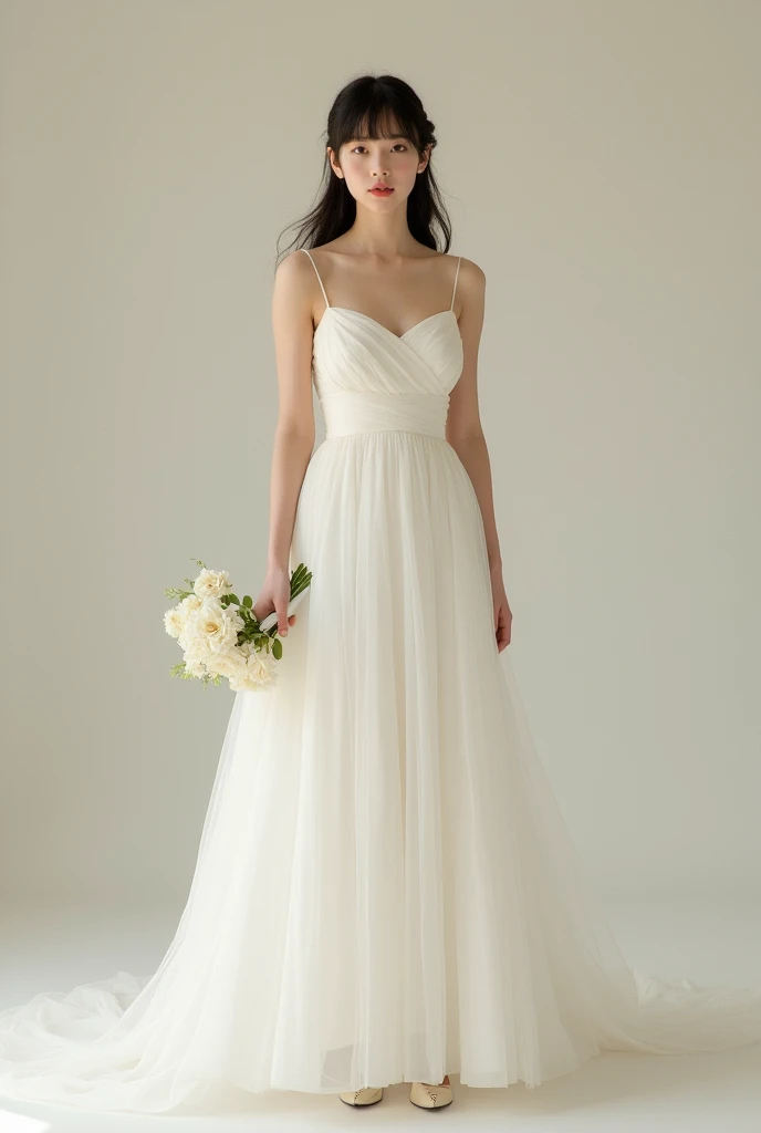 Simple wedding dress in vintage mikado fabric without volume with details, the bride has bangs and loose hair wearing a cheerful dress, the dress has no frills and details the body. Show the entire bride alone, the shoes are made of glass