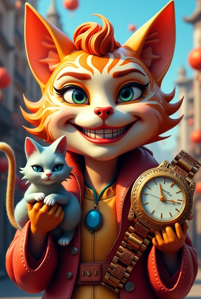 Festival mask that also has Dina Dent smiling with a haughty cat in one hand and a large watch in the other, that the image will be a cartoon