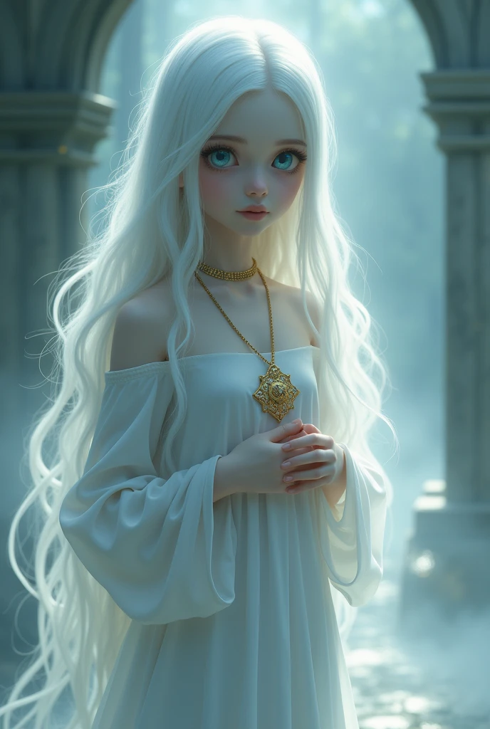 Create an animated image of a beautiful ghost girl, with white skin, blue eyes, long flowing hair, wearing a simple white floor-length dress and holding a golden necklace on her chest.