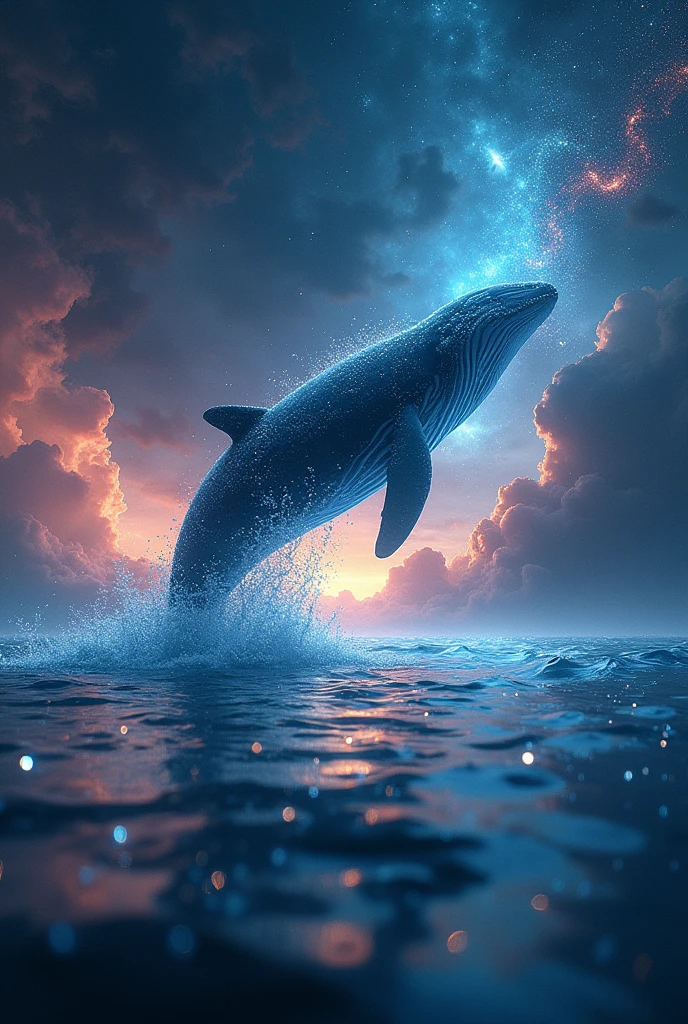 a breathtaking cosmic landscape, a sea of twinkling stardust, bright and radiant, bright and reflective, a whale jumping out of the sea and swimming through the cosmos, ultra detali, (best qualityer,8k,high resolution,work of art:1.2),realisitic, photorealisitic, swirly vibrant colors, dramatic lighting, film composition, dream like, fancy, surreal, ethereal