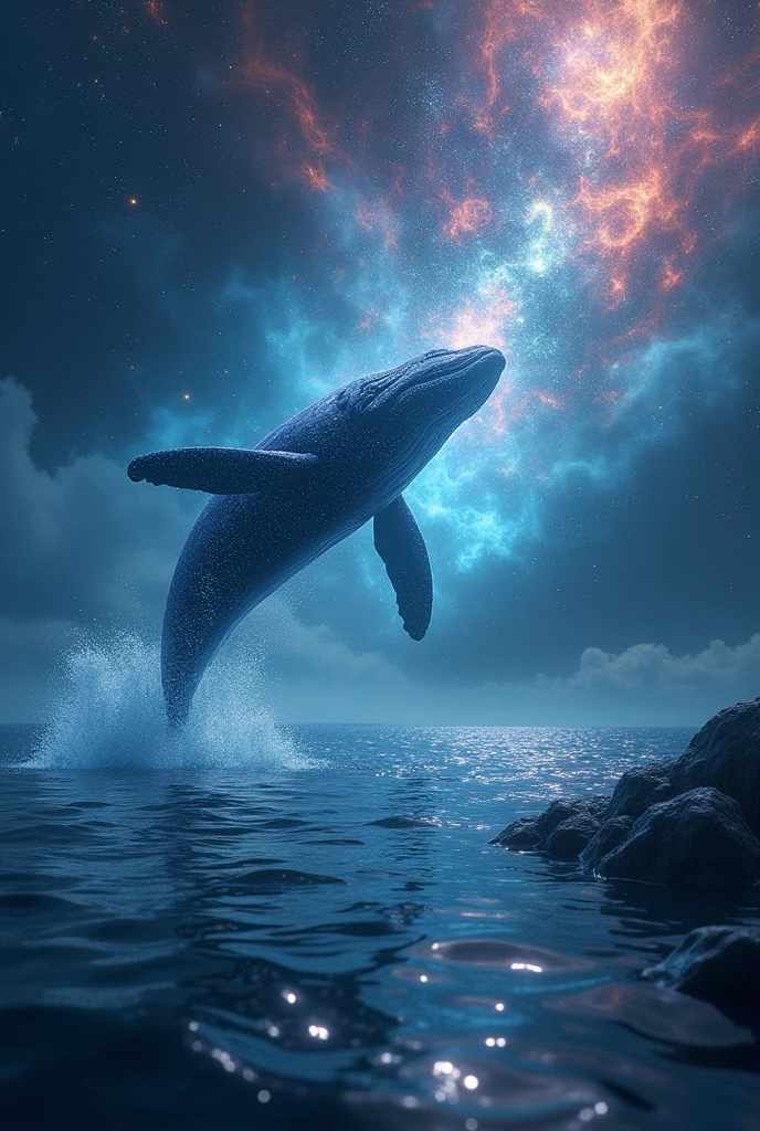 a breathtaking cosmic landscape, a sea of twinkling stardust, bright and radiant, bright and reflective, a whale jumping out of the sea and swimming through the cosmos, ultra detali, (best qualityer,8k,high resolution,work of art:1.2),realisitic, photorealisitic, swirly vibrant colors, dramatic lighting, film composition, dream like, fancy, surreal, ethereal