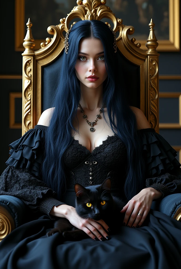 (full body shot:1.3), hyper-detailed black dress many layers outfit, power pose, full body shot of beautiful queen sitting on a big migty thrown , (intricate, blueblack long hair (extremely intricate:1.3), (photorealistic:1.4) intricate, sexy lips, small breasts, beautifull, cute, pretty, perfectly proportion body, perfect framing. Sits on a big and mighty thrown in dark palace wealth surroundings sharp golden eyes, supermodel face, super detailed face, cheeky, pale white skin, highly detailed, digital hyperrealistic photography, hyperrealistic photography filigree, cheekieness, most beautyfull face, (masterpiece, sidelighting, (finely detailed beautifull golden eyes: 1.2)) Black cat on her lap