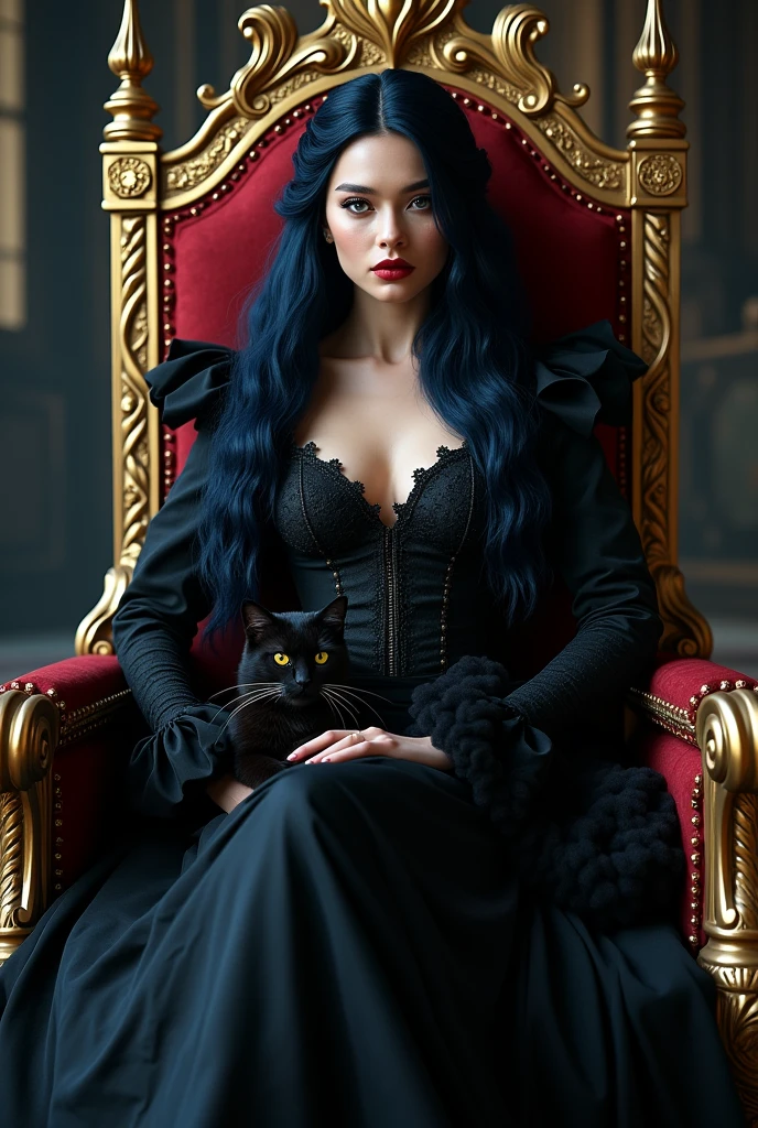 (full body shot:1.3), hyper-detailed black dress many layers outfit, power pose, full body shot of beautiful queen sitting on a big migty thrown , (intricate, blueblack long hair (extremely intricate:1.3), (photorealistic:1.4) intricate, sexy lips, small breasts, beautifull, cute, pretty, perfectly proportion body, perfect framing. Sits on a big and mighty thrown in dark palace wealth surroundings sharp golden eyes, supermodel face, super detailed face, cheeky, pale white skin, highly detailed, digital hyperrealistic photography, hyperrealistic photography filigree, cheekieness, most beautyfull face, (masterpiece, sidelighting, (finely detailed beautifull golden eyes: 1.2)) Black cat on her lap