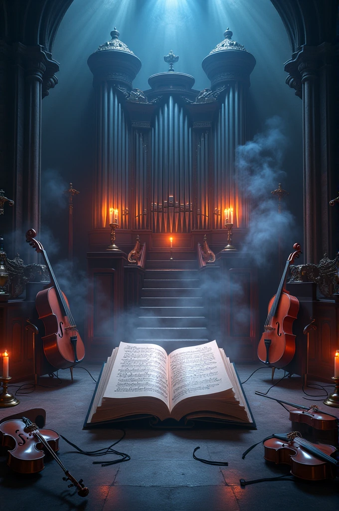 A dark stage with a large church organ in the background, surrounded by musical instruments such as violins, violonchelos, trumpets and electric guitars. The organ is covered with lighted candles, and there is smoke and fog rising from the ground, creating a mysterious and dramatic atmosphere. Changing colored lights illuminate the scene, casting shadows and reflections on the instruments. In the middle, A large open book displays musical scores, as if the music was alive and floating in the air.