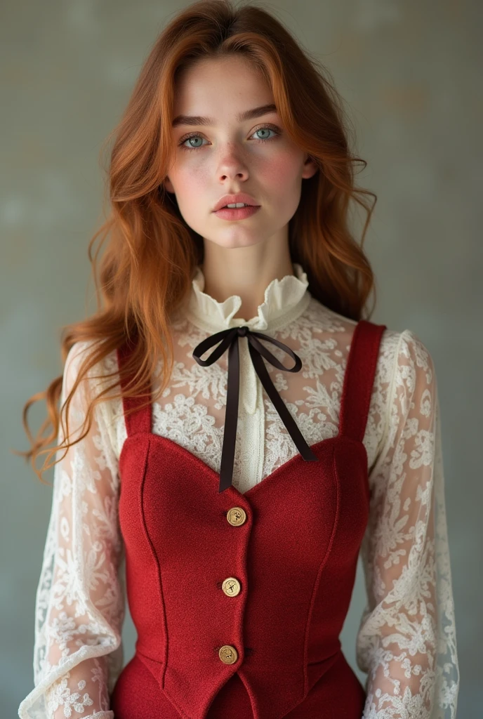 European female model wearing short red tweed dress with lace blouse underneath and bow
