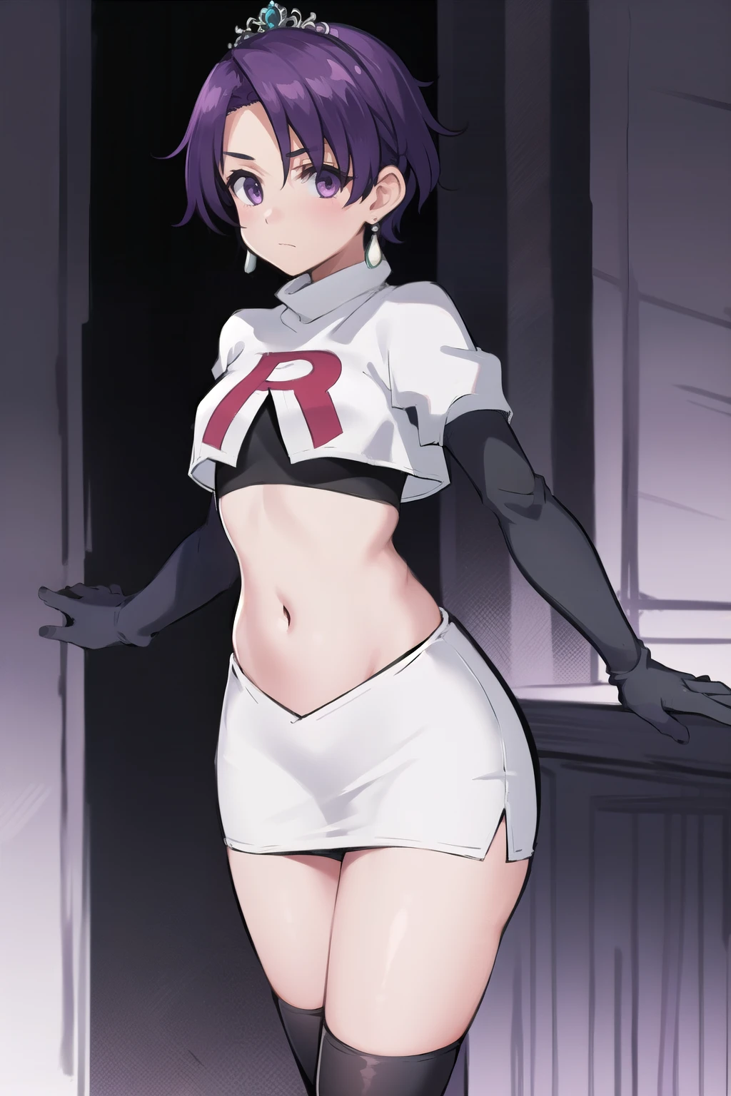 best quality, (masterpiece:1.2), illustration, absurdres,
(1girl, solo), (beautiful detailed girl),
Klaudia von Auslese, purple_hair, short_hair, purple_eyes, small_breasts, timid, (shy:0.8),
jewelry, earrings, silver tiara, team rocket,team rocket uniform,white skirt,red letter R,crop top,black thigh-highs,black elbow gloves, looking at viewer,