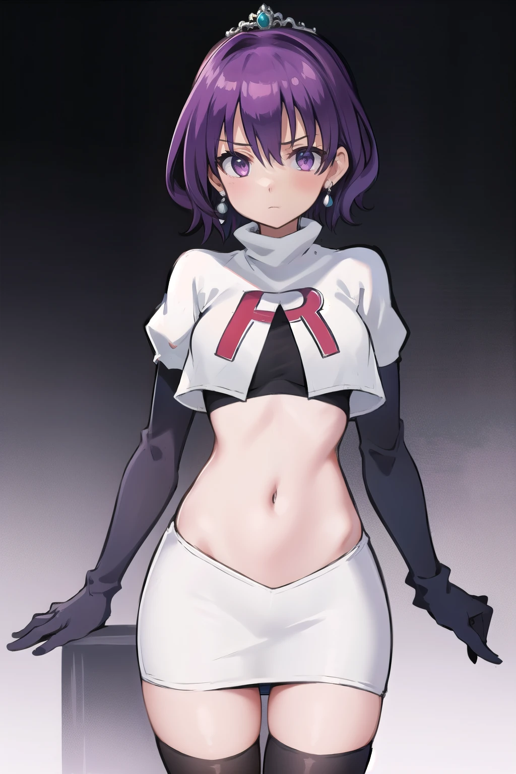 best quality, (masterpiece:1.2), illustration, absurdres,
(1girl, solo), (beautiful detailed girl), 
Klaudia von Auslese, purple_hair, short_hair, purple_eyes, small_breasts, timid, (shy:0.8),
jewelry, earrings, silver tiara, team rocket,team rocket uniform,white skirt,red letter R,crop top,black thigh-highs,black elbow gloves, looking at viewer,
