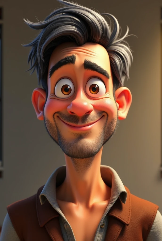 Create a Disney Pixar-style character. naughty man, light tan, dark hair, very short and slightly gray, brown dark eyes, beardless and smiling.