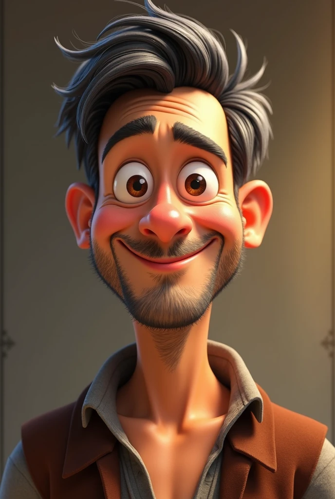Create a Disney Pixar-style character. naughty man, light tan, dark hair, very short and slightly gray, brown dark eyes, beardless and smiling.