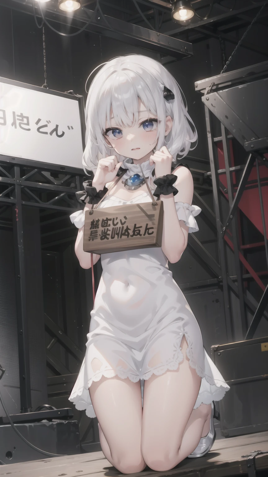 masterpiece, Highest quality, Official Art,  Highly detailed CG Unity 8k wallpaper,  Signboard wrapped around the neck_wrist, Raise the hand, Torn Dress, White short dress, Metal collar, Kneel, stage, market, Nervous, plural, 4