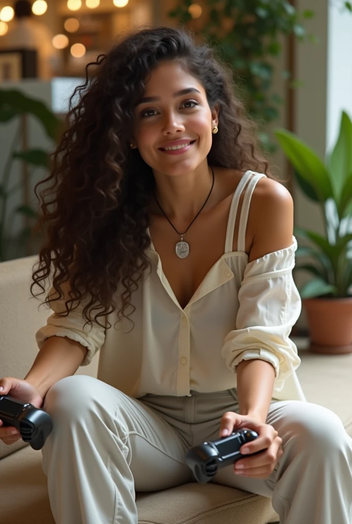 (photorealism:1.2), beautiful woman, curly hair, playing video games at mall, wearing sunglasses, relaxed pose, realistic, intricate details, warm colors