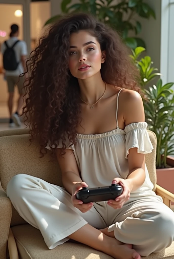 (photorealism:1.2), beautiful woman, curly hair, playing video games at mall, wearing sunglasses, relaxed pose, realistic, intricate details, warm colors