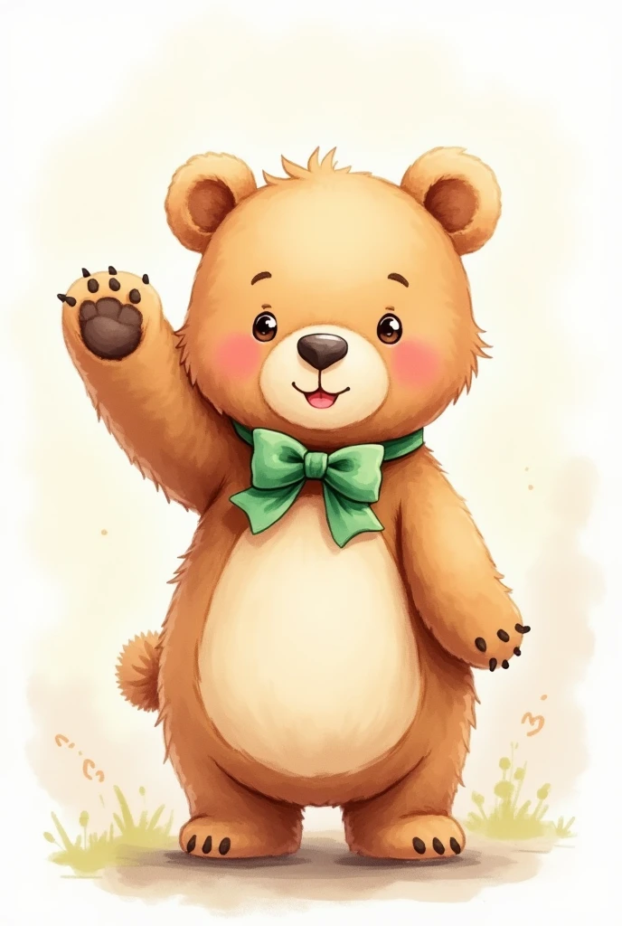 Very cute watercolor bear waving with a green bow around its neck 