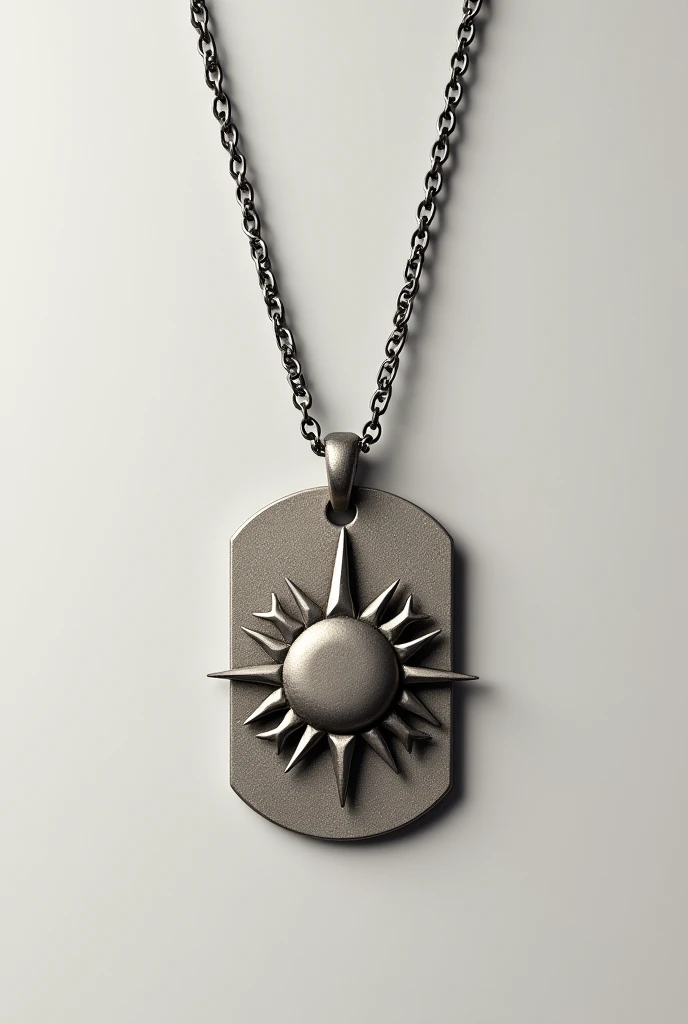 create the image of a minimalist sun necklace intertwined with a military dog tag
