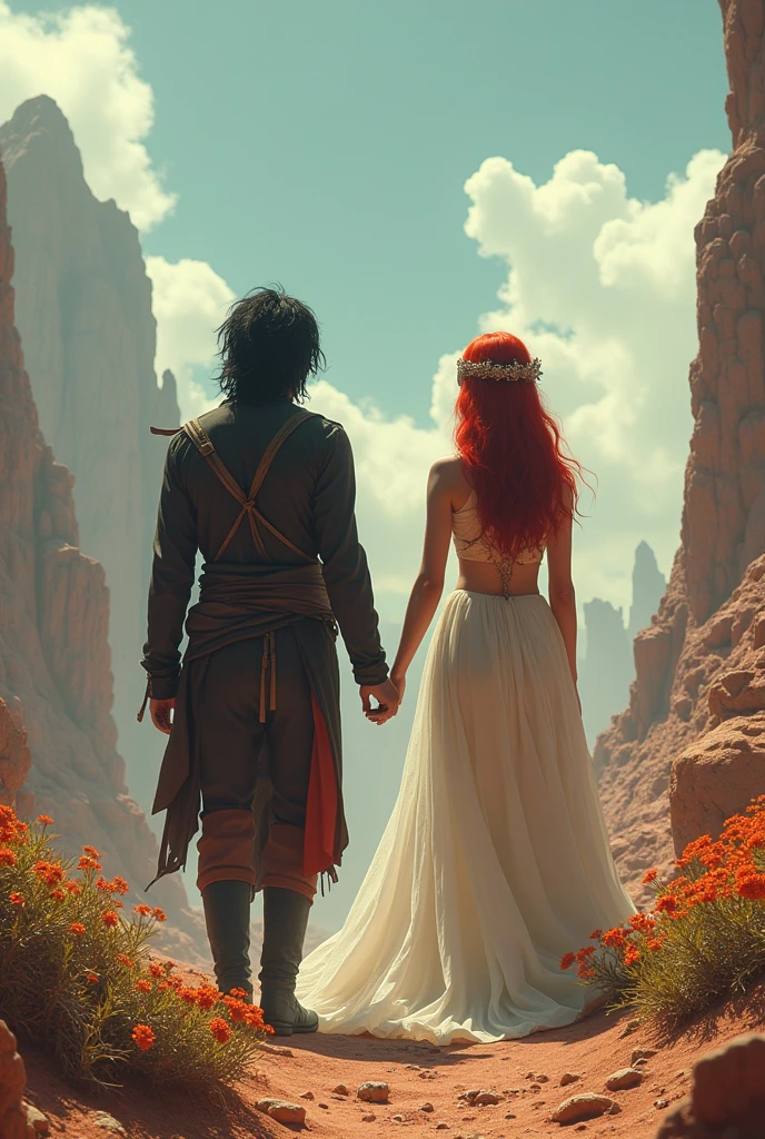 Two people, a black-haired man and a red-haired woman, standing with their backs turned on a planet far from Earth in alien clothes. The woman who is like a ghost. Make the image come out more vertically