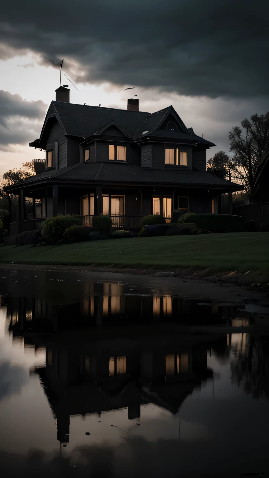 Create an eerie image of a typical suburban house with an ominous atmosphere. The house should look ordinary but with dark shadows, dim lighting, and a slightly overcast sky to create a sense of foreboding