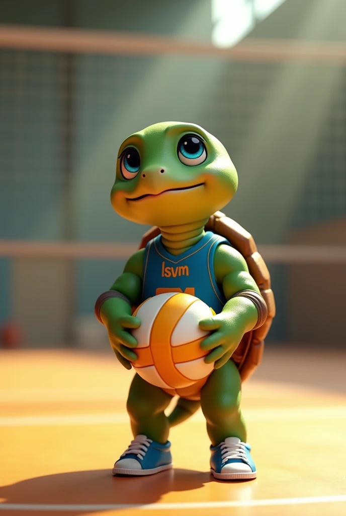 Waku, an adorable teenage turtle with vibrant green skin and a rich brown shell, looks up with bright blue eyes shining with excitement, as if celebrating a triumphant spike, stands on a modern indoor volleyball court, prepared for volleyball training, wearing a small blue sleeveless t-shirt with a stylized orange "lsvm" logo on the chest, her tiny tennis shoes laced up and ready for the next serve with a volleyball in her hands, capturing the essence of her joyful spirit and competitive, with soft, warm lighting that casts a comforting glow on the overall scene.