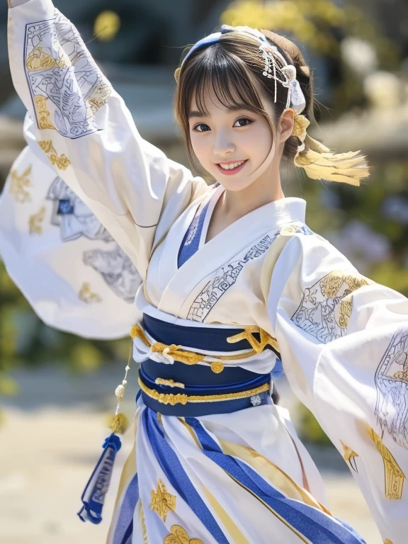 Photo-realistic quality、A 20-year-old Japanese woman dancing the Awa Odori dance、Traditional Bon Odori costumes based on white, White Arms、 White traditional costume, Japanese model, Cute playful pose of the dancer, Beautiful images, Traditional Costume、looking at the camera、Detailed and beautiful eyes、Cute smile、A soft and gentle look
