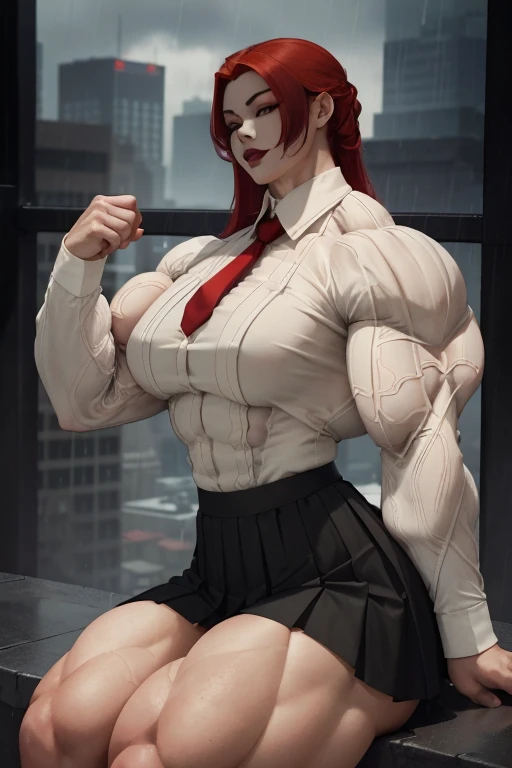 ((Close-up)), tall, (red hair) beautiful muscular asian woman, long hair, pale white skinned, closed smile, (black lipstick), (massive muscles), (hyper muscle), (ginormous bulky muscles), yellow eyes, ((long sleeve red pleated shirt)), ((long black pleated skirt)), (sitting on a ledge), necktie, boots, (on a raining rooftop),