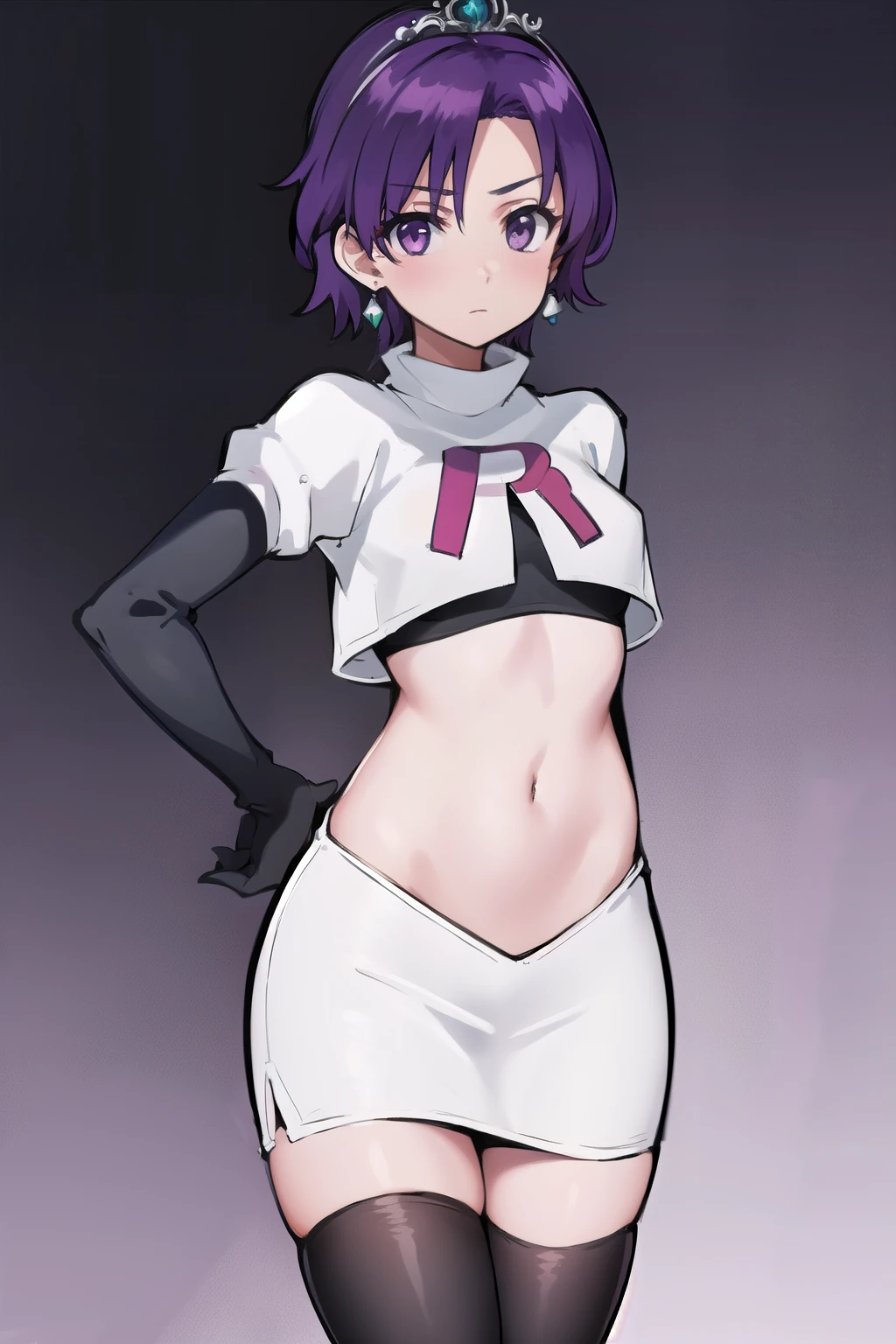 best quality, (masterpiece:1.2), illustration, absurdres,
(1girl, solo), (beautiful detailed girl), 
Klaudia von Auslese, purple_hair, short_hair, purple_eyes, small_breasts, timid, (shy:0.8),
jewelry, earrings, silver tiara, team rocket,team rocket uniform,white skirt,red letter R,crop top,black thigh-highs,black elbow gloves, looking at viewer,
