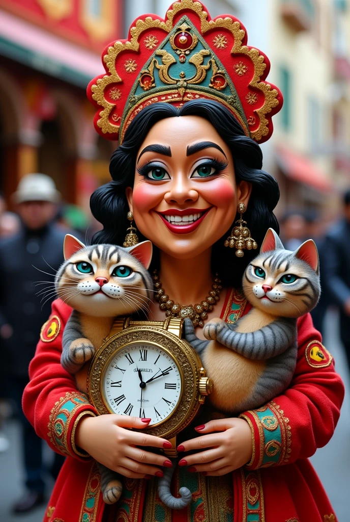 Festival mask that also has President Dina Boluarte smiling with a haughty cat in one hand and a large watch in the other, that the image is a cartoon
