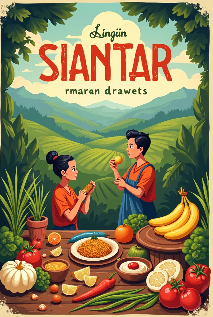 Poster with the theme of local food (Siantar/North Sumatra) with some words From our land, for Our Food" 
(With a 1 people eat food or fruit, like banana, potato anything, have some  vegetable ) with view 