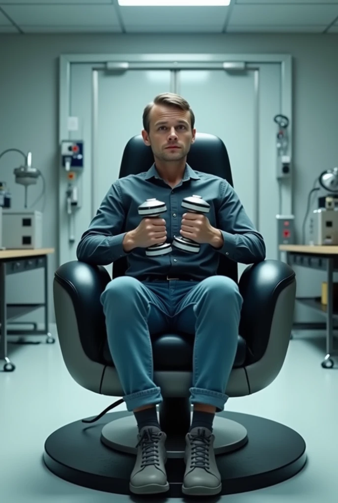 Create an image of the assembly used in the physical experiment of conservation of angular motion which consists of a rotating chair, A person sits on this chair while holding two dumbbells in each hand and they come against his chest