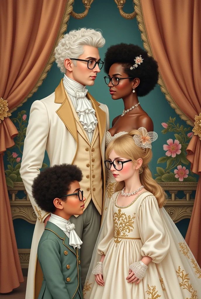 Rococo style illustration of a white couple, Black curly haired boy with glasses next to a straight haired girl with glasses