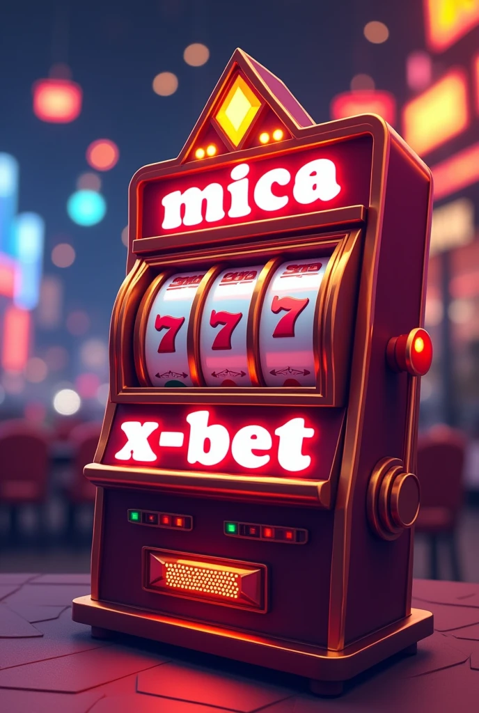a casino slot type triangle, inside and above that say the name "Mica" in white and red "bet". Under those words "X-bet" head on, cartoon style colors. ALL IN LATIN SPANISH IN 3D