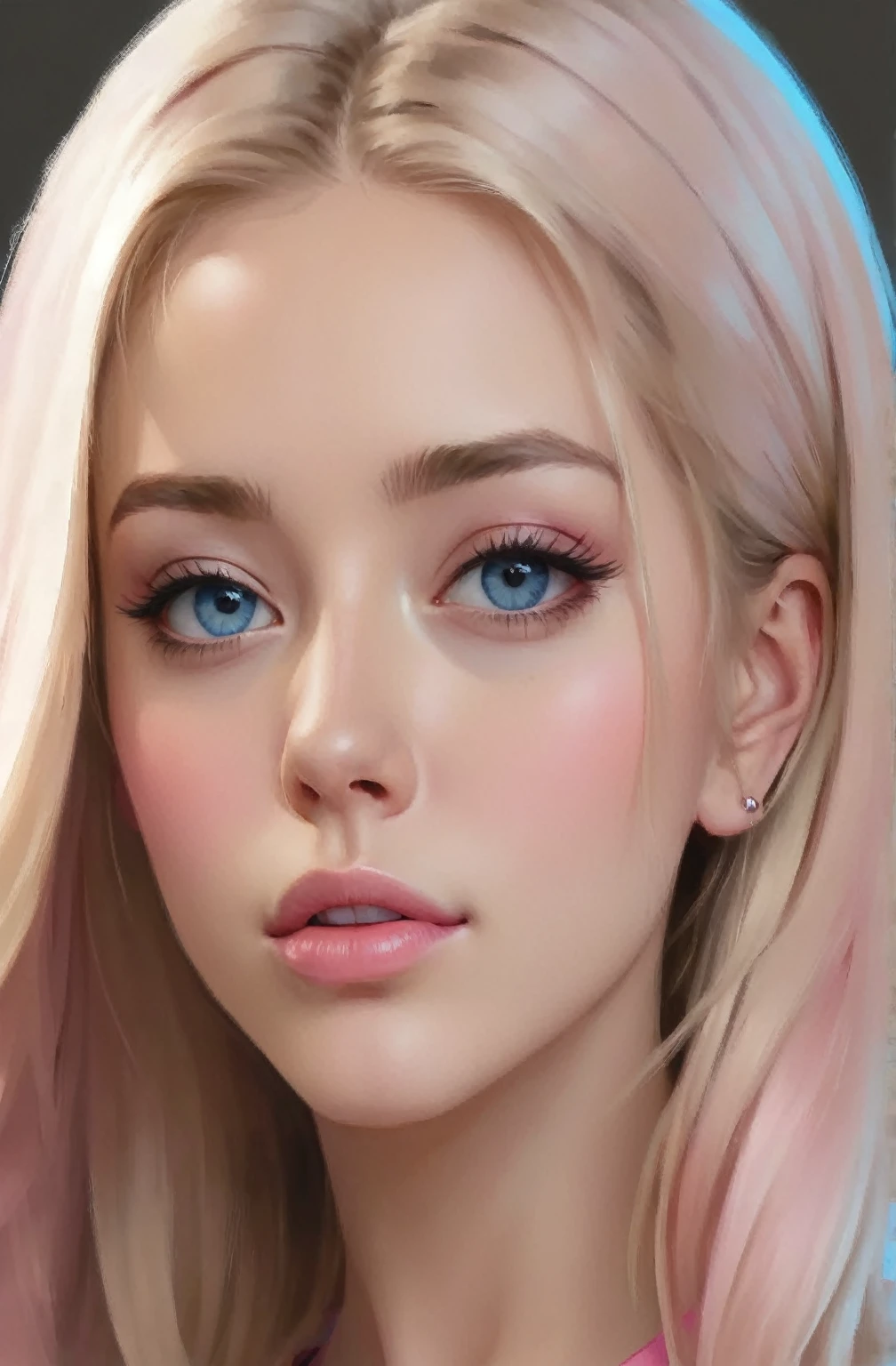 beautiful illustration, ultra-detailed, masterpiece, beautiful girl, pink shirt, simple blue skinny jeans, blond hair, realistic, european