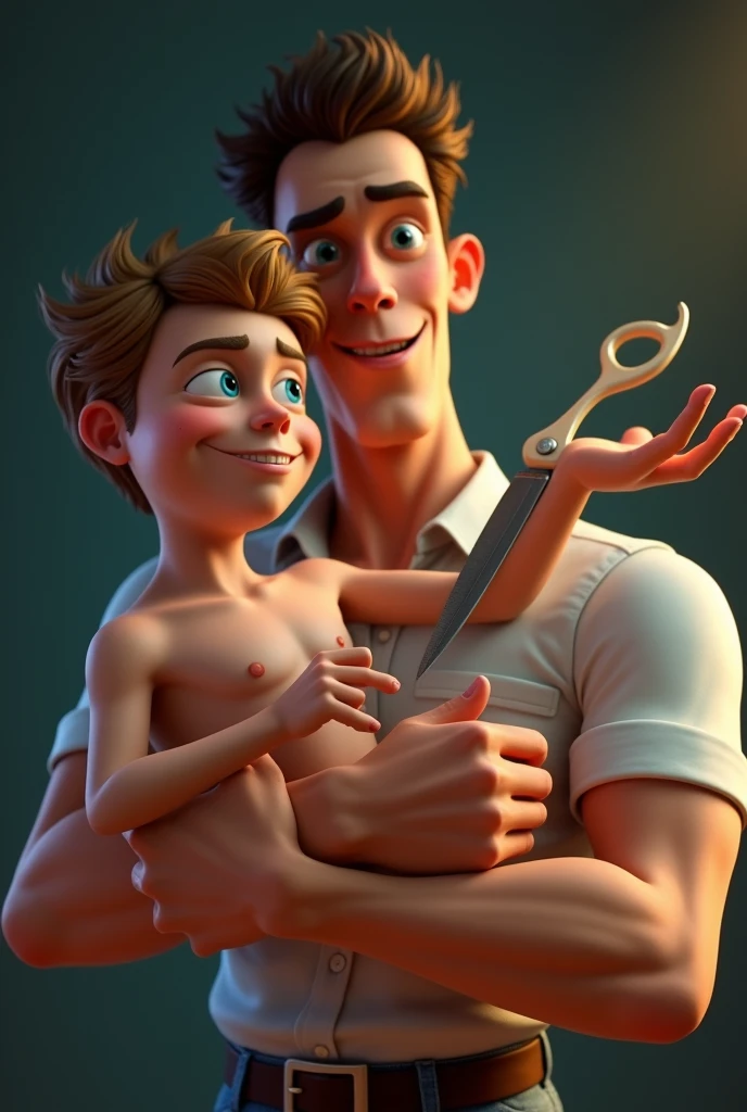 Pixar-style: The man holds a naked boy with blue eyes and in his other hand he holds a pair of scissors and tries to cut off the boy&#39;s testicles. ,3D Poster,Disney