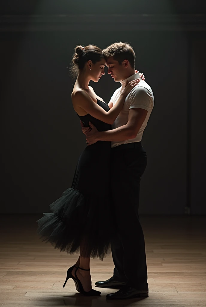 Un couple de danse en position fermee. Il ne sont pas en face a face sur la ligne de danse mais tout deux ouvert a 45 degres de la ligne. La main droite danseur est sur l'omoplate gauche de la danseuse. Avec le cadre de danse, la danseuse pose son bras gauche le long du bras droit du danseur. Ce qui fait que la mains gauche de la danseuse se trouve au niveau du biceps du danseur. La main droite de la danseuse est pose sur la mains gauche du danseur, au niveau de la hanche de la danseuse et equidistance des deux personnages. Les personnages respect le cadre et l'espace de chacun je precise que la main droite danseur et niveau omoplate danseuse. Et que la main gauche danseur niveau hanche danseuse... 