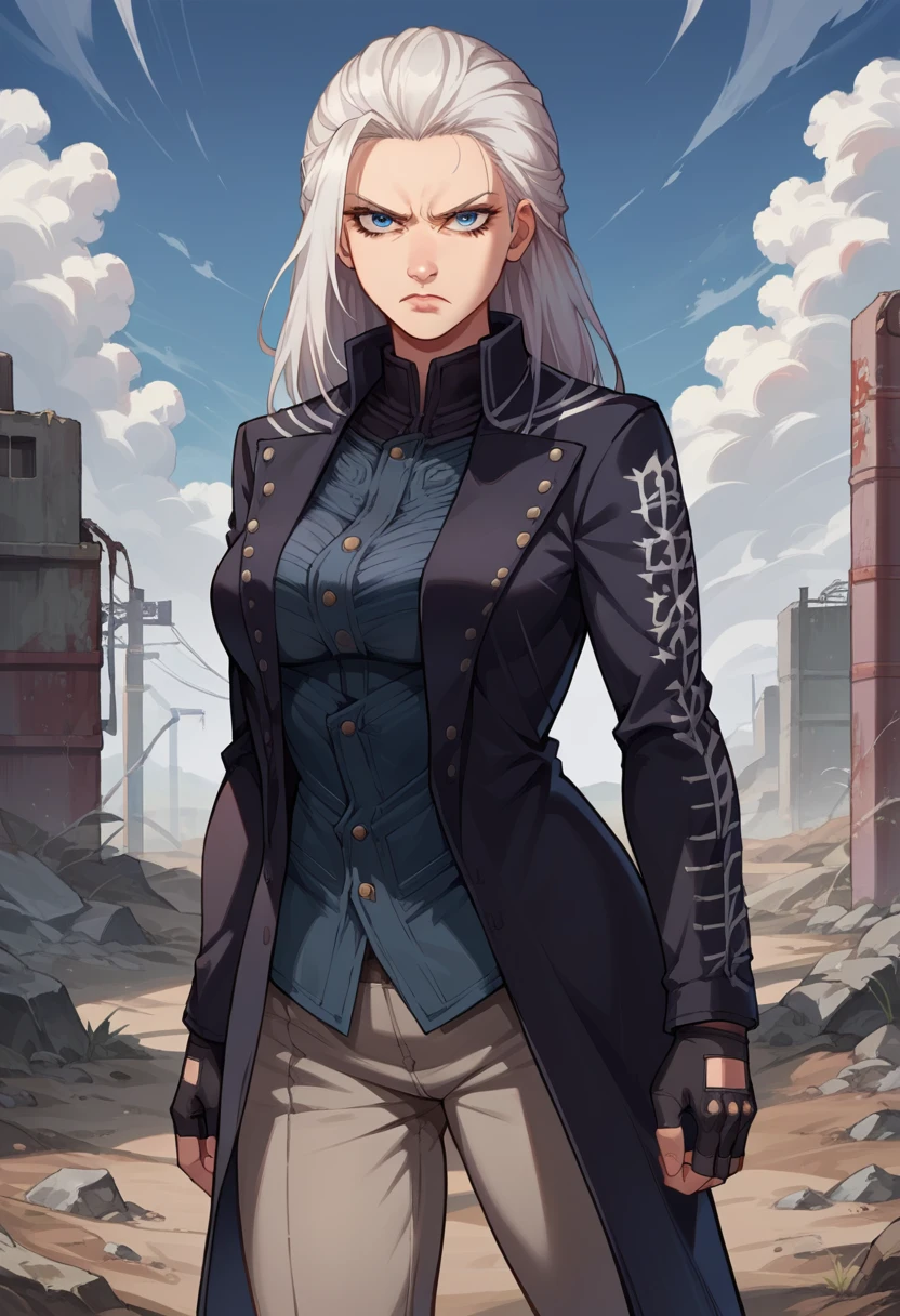 score_9, score_8_up, score_7_up, source_anime, 1girl, solo, female focus, dmc5vergil, white hair, long hair, medium breasts,blue eyes, black coat, fingerless gloves, pants, standing, serious, looking at you, wasteland, gray landscape, desolated, gray plain,